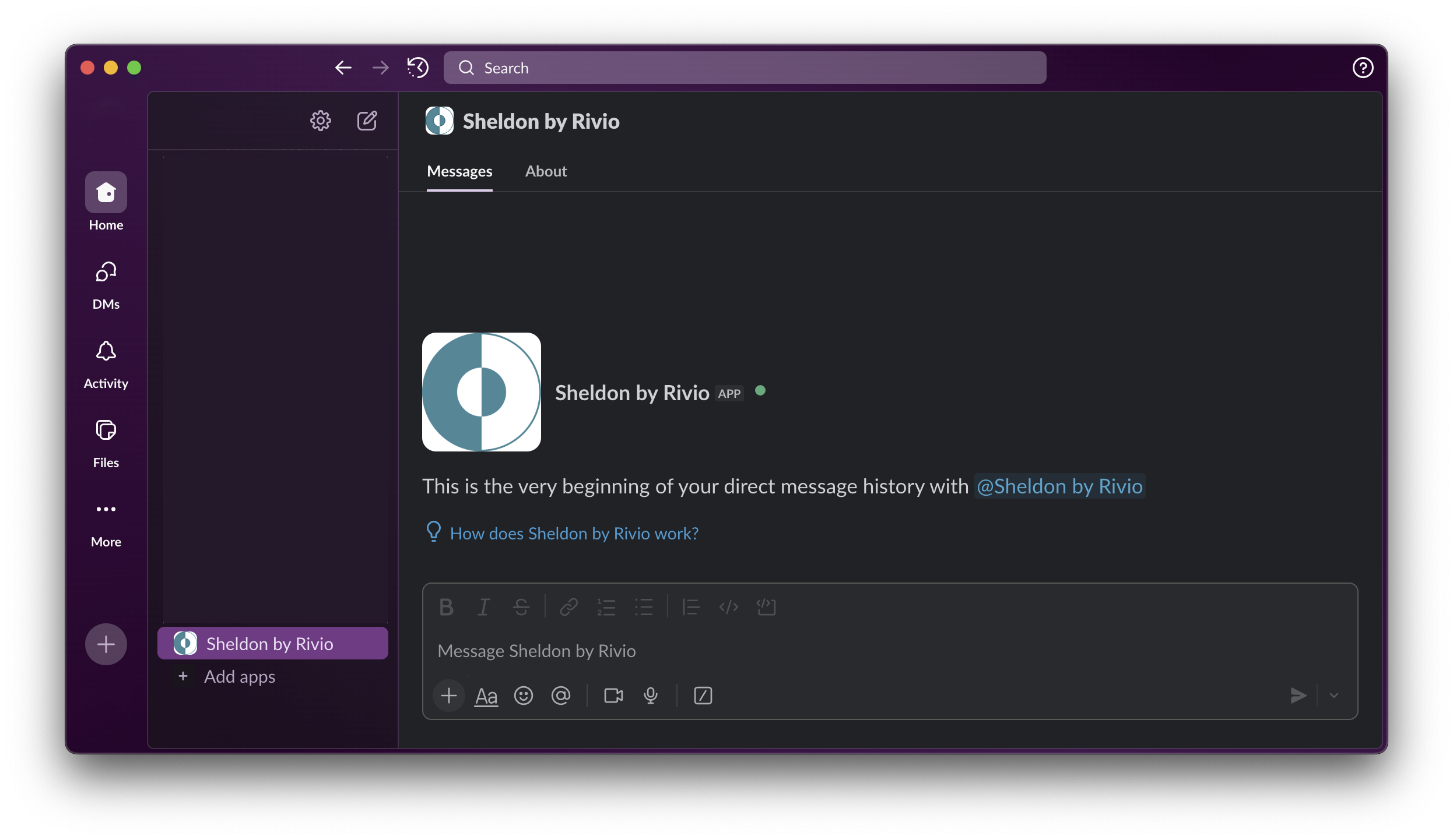 Sheldon by Rivio running inside Slack; showing a DM conversation with pricing benchmarks